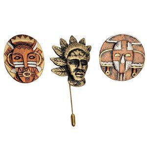 Lot of Three Plastic Artisan Tribal Mask Lapel Pins Brooches